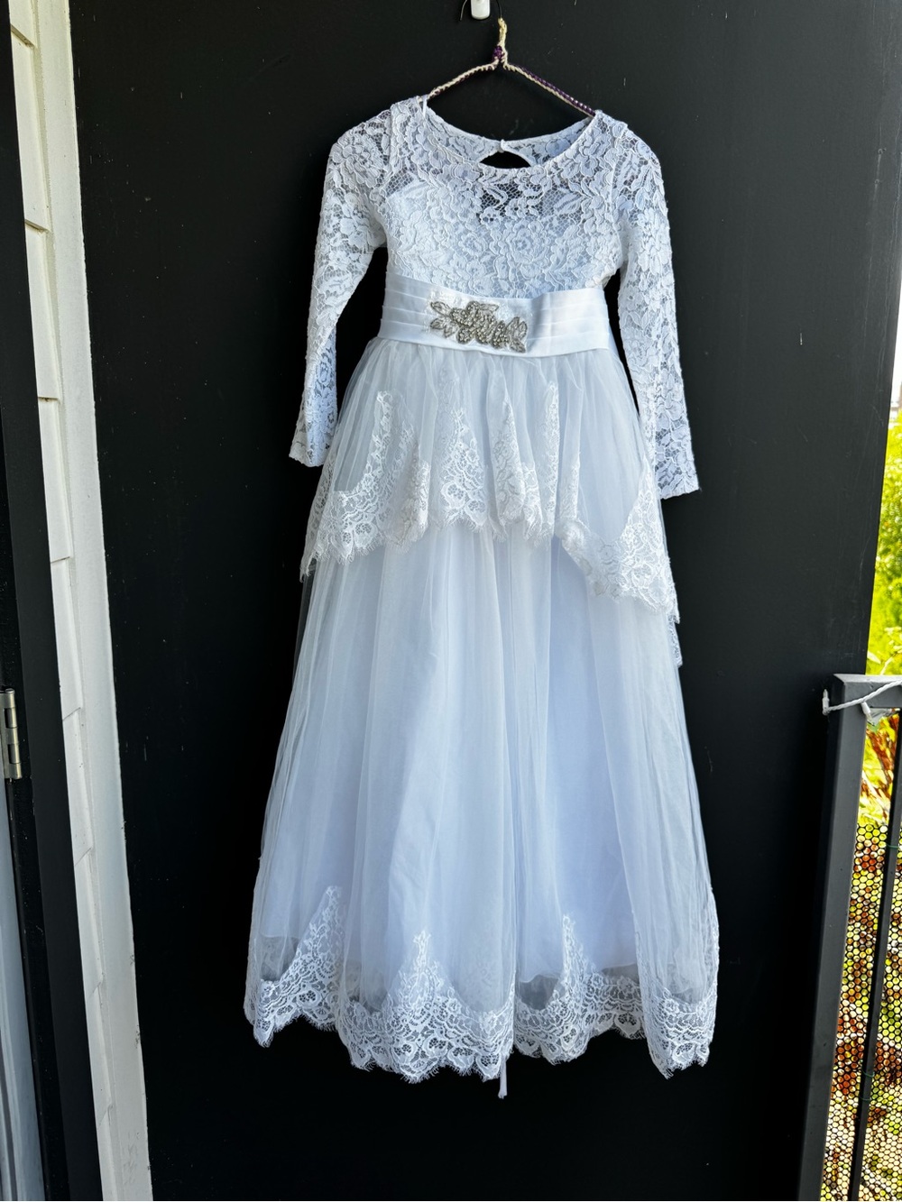 Girls White Lace & Tulle Long Sleeve Formal Dress
